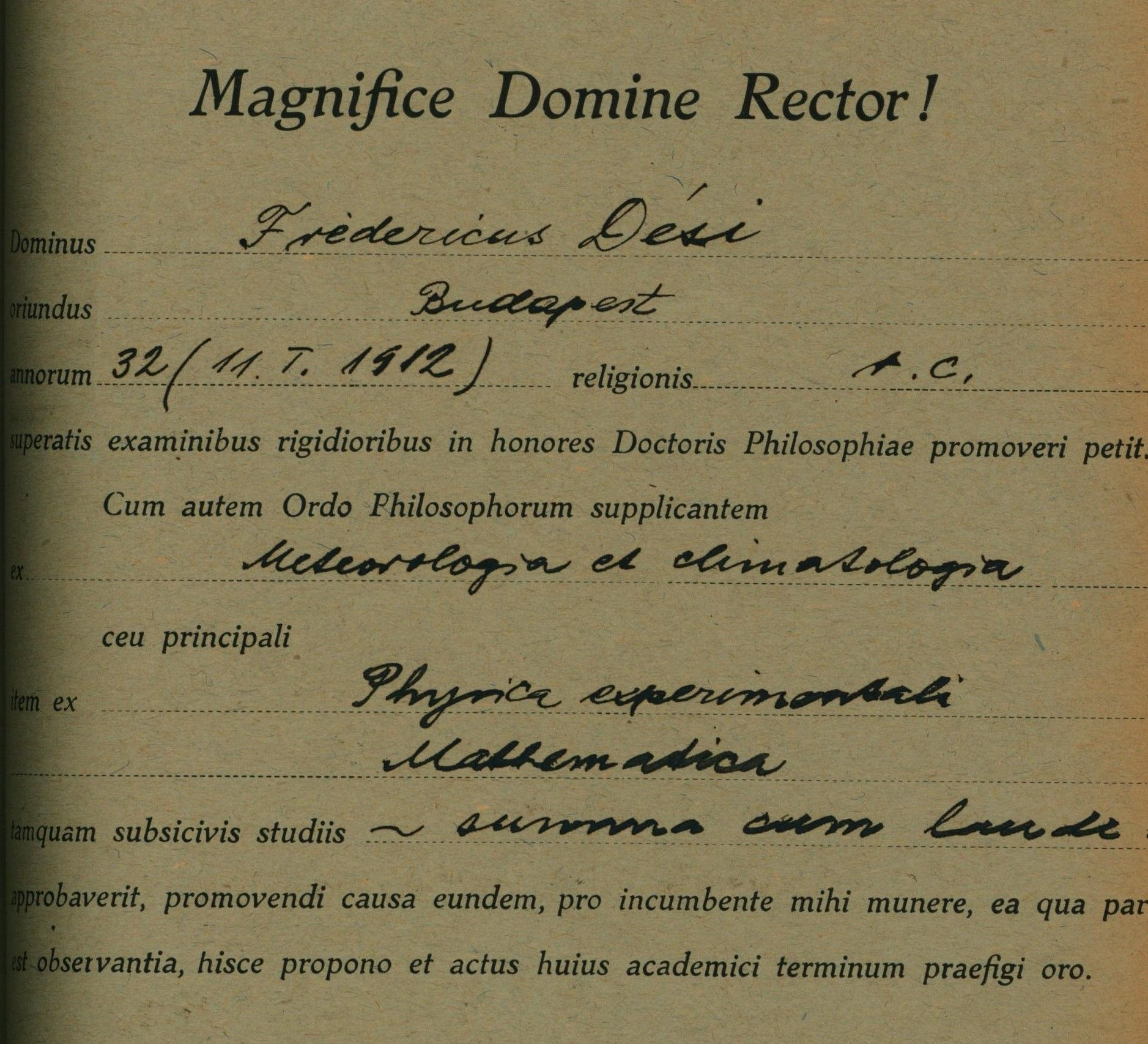 Dési Frigyes doktori oklevelének kiállításáról szóló igazolás