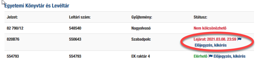 A kép az ELTEfind-ban egy könyv példányadatainak képernyőképe, melyen kiemelve látható az Előjegyzés, kikérés sor.