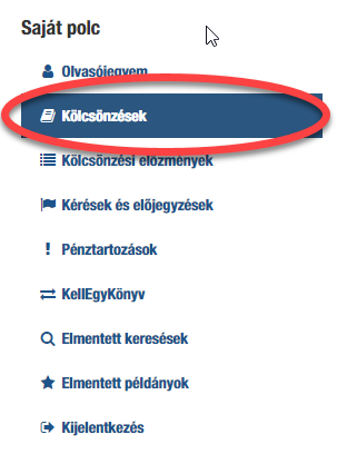 A képen az ELTEfind Saját polc menüje látható, kiemelve a Kölcsönzések almenüpont.