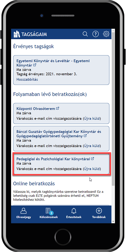 A kép az ELTE Könyvtár WebApp képernyőképét mutatja.