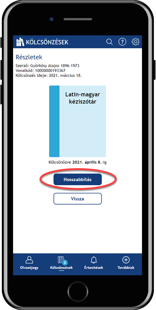 A képen az ELTE Könyvtár WebApp képernyőképe látható, egy könyvvel és a hosszabbítás gombbal.