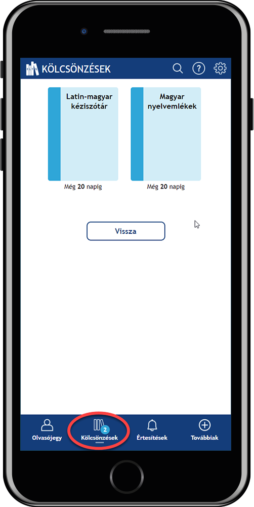 A képen az ELTE Könyvtár WebApp képernyőképe látható, a Kölcsönzések menüben szereplő könyvekkel.