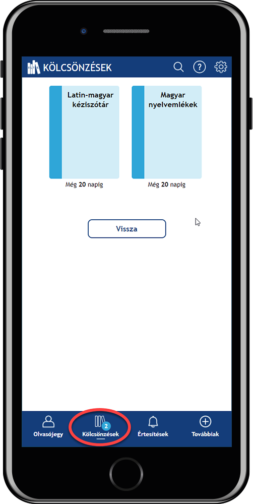A képen az ELTE Könyvtár WebApp képernyőképe látható, a Kölcsönzések menüben szereplő könyvekkel.