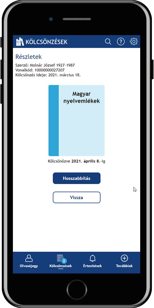 A képen az ELTE Könyvtár WebApp képernyőképe látható, egy kötet részletes kölcsönzési adatait mutatva.