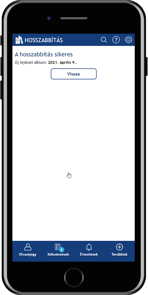 A képen az ELTE Könyvtár WebApp képernyőképe látható, sikeres hosszabbítás után.